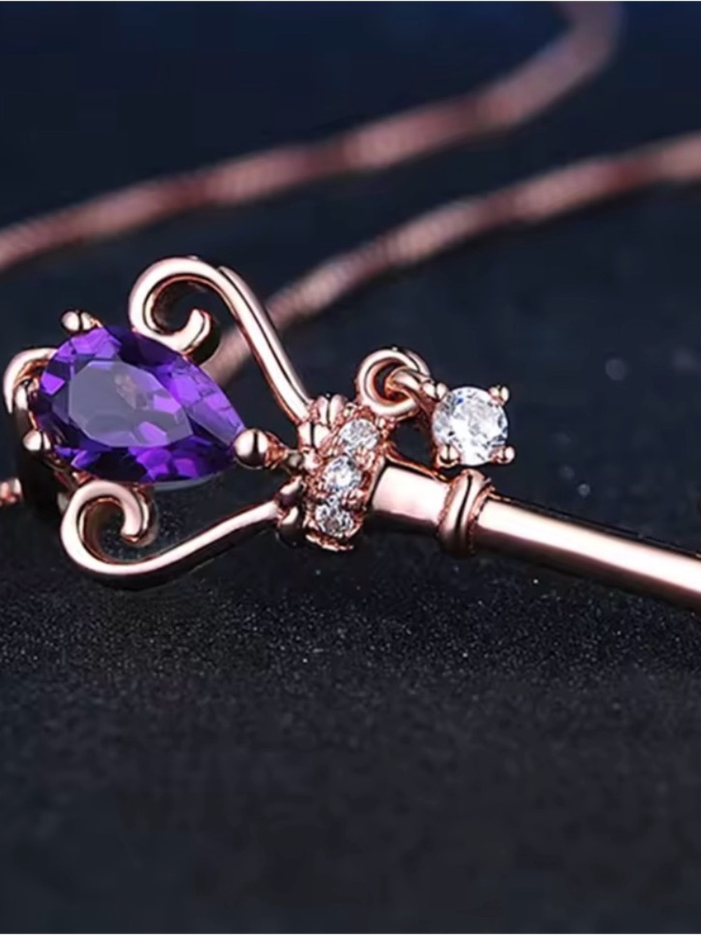 Rose Gold Plated Key Pendant Necklace with Amethyst and Crystal - Picture 3 of 4